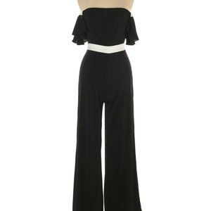 $440 NICOLE MILLER COLLECTION Jumpsuit Ruffle Black White Strapless Short Sleeve